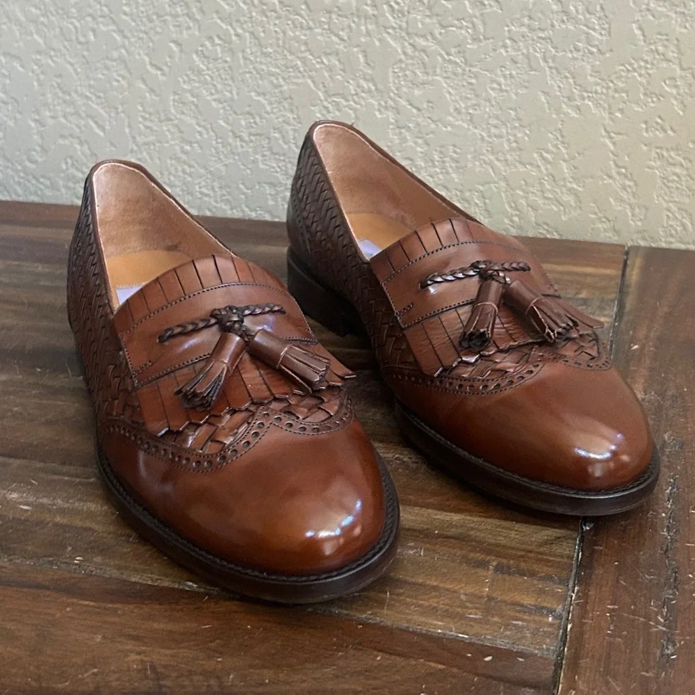 Mezlan Alicante 27965 Mens 9.5W Brown Woven Leather Tassel Loafers Spain